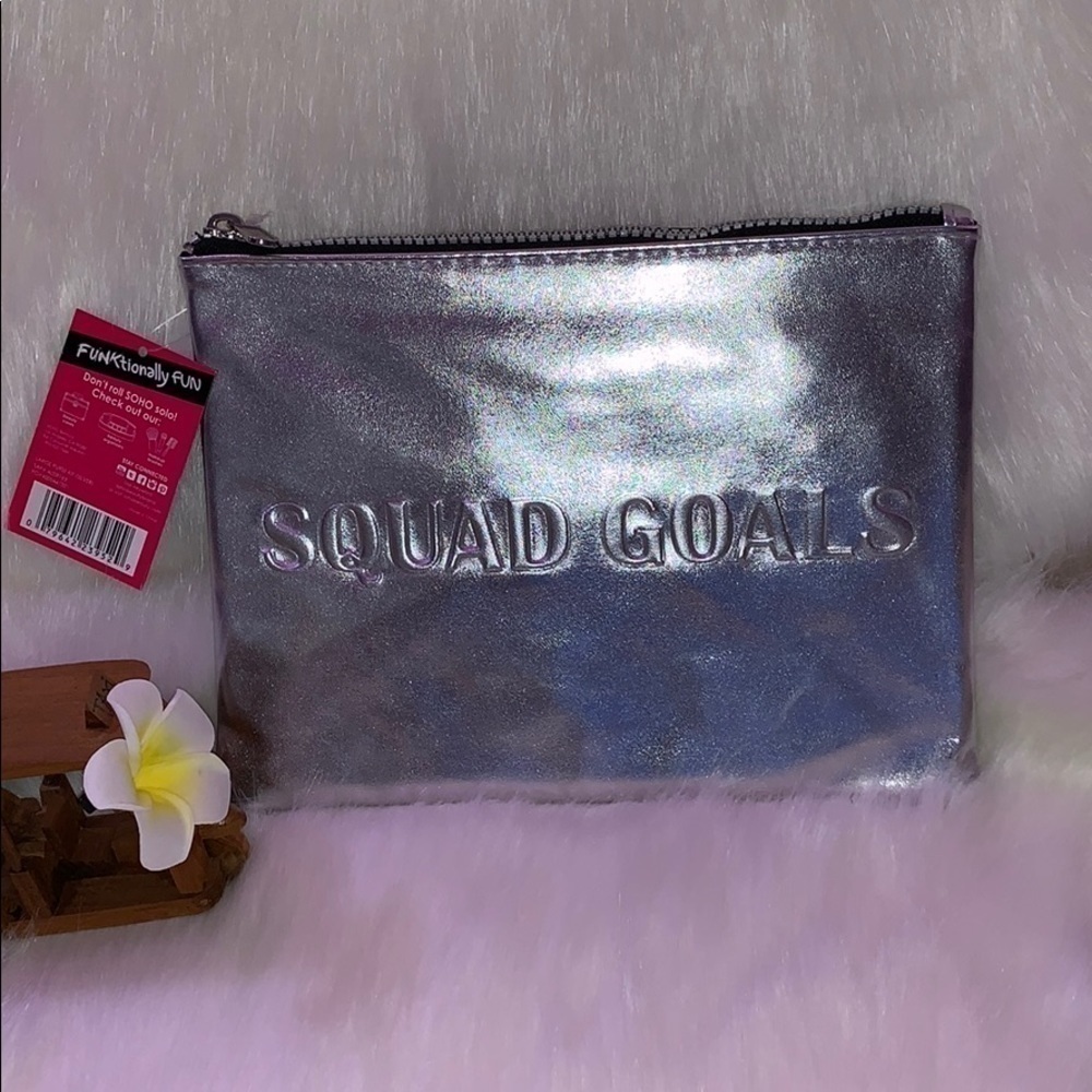 LONDON SOHO NY SHINY SILVER “Squad Goals” CLUTCH HYGIENE MAKEUP BAG - Picture 4 of 6